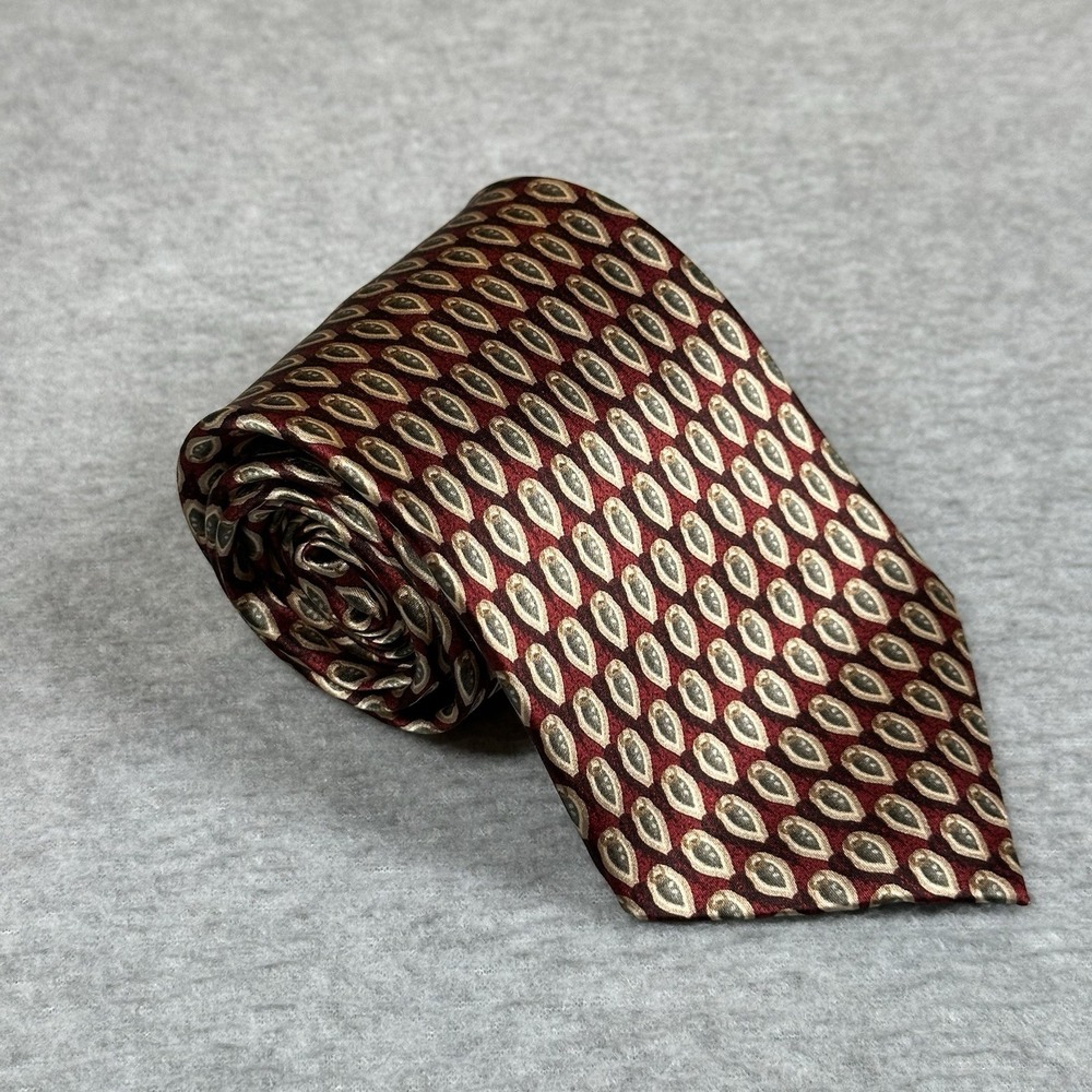 Stonehenge Necktie Red 100% Silk Geometric Green Paisley Print Handmade